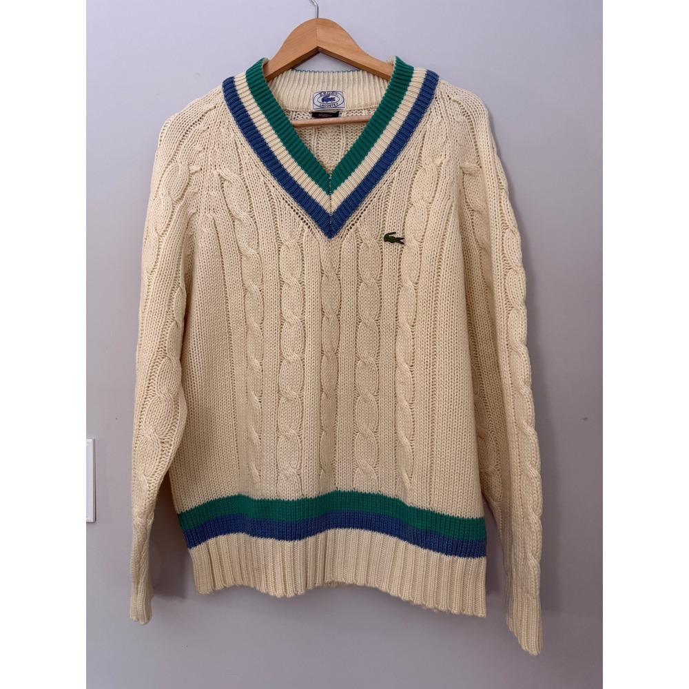 Izod Lacoste Tennis Sweater XL Cream Blue Green V-Neck Cable Knit Vintage Preppy